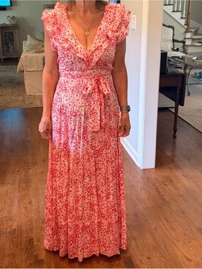 Poupette St. Barth Pink and White Floral Ruffle Maxi Dress